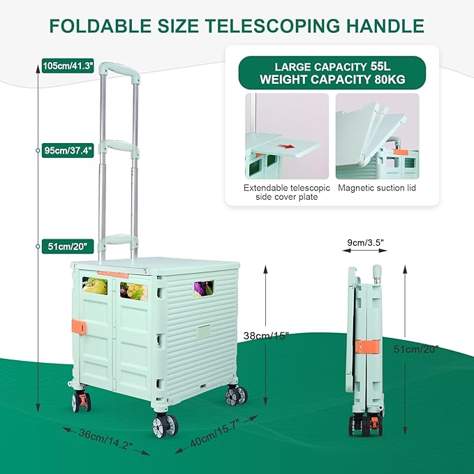 Foldable Utility Cart Folding Portable Rolling Crate with Magnetic Extended Lid,360°Rotate Wheels,176LBS Load Capacity,Heavy Duty Durable Dolly Cart for Teacher Tourist Shopping Office Outdoor