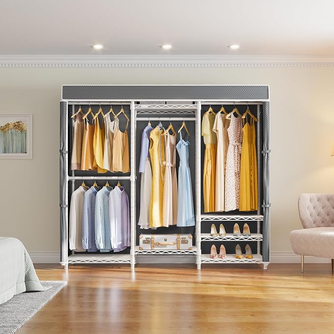 VIPEK V5C Medium Covered Clothes Rack Heavy Duty Portable Closet Wardrobe, Freestanding White Clothing Rack with Grey Upgraded Polyester Cover, Adjustable Custom, 56.7" Lx15.7 Wx76.4 H