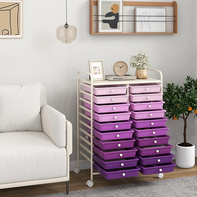 LDAILY 20-Drawer Rolling Storage Cart, Rolling Storage Cart, Storage Organizer on Wheels, Metal Frame, Scrapbook Paper Tools, Suitable for Office School, Classroom (Gradient Purple, 20 Drawer)
