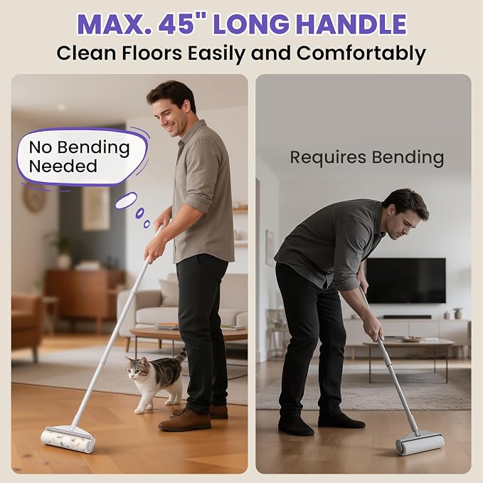 DELOMO 9.45” Large Lint Roller for Pet Hair, Long & Short Handles, 2 Packs | 360 Extra Sticky Sheets Total, Long Handle for No-Bend Cleaning Floors & Carpets, Short Handle for Couches & Furniture