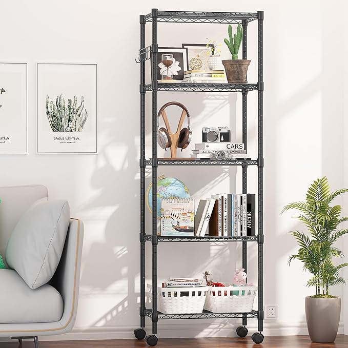 Himimi 5-Tier Wire Shelving Unit on Wheels, Adjustable Heavy Duty Metal Shelves with Side Hooks, Metal Organization Wire Rack for Kitchen Garage Basement, 13" L x 23" W x 72" H, Black