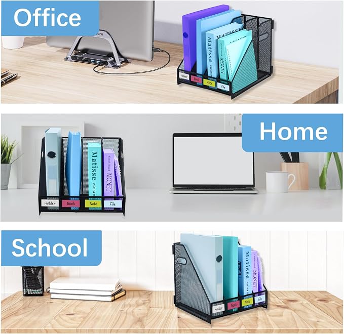Desk Organizers Metal Magazine File Holder Racks Desktop Folder Storage Binder Organiser Document Organization for Home Office & Classroom,4 Vertical Compartments