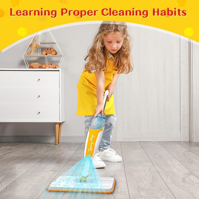 Kids Spray Mop Toy with 420ML Refillable Water Bottle, Montessori Toddler Cleaning Set for Real Floor Cleaning, Pretend Play Toy Housekeeping Kit with 2 Washable Microfiber Pads and Scraper, Orange