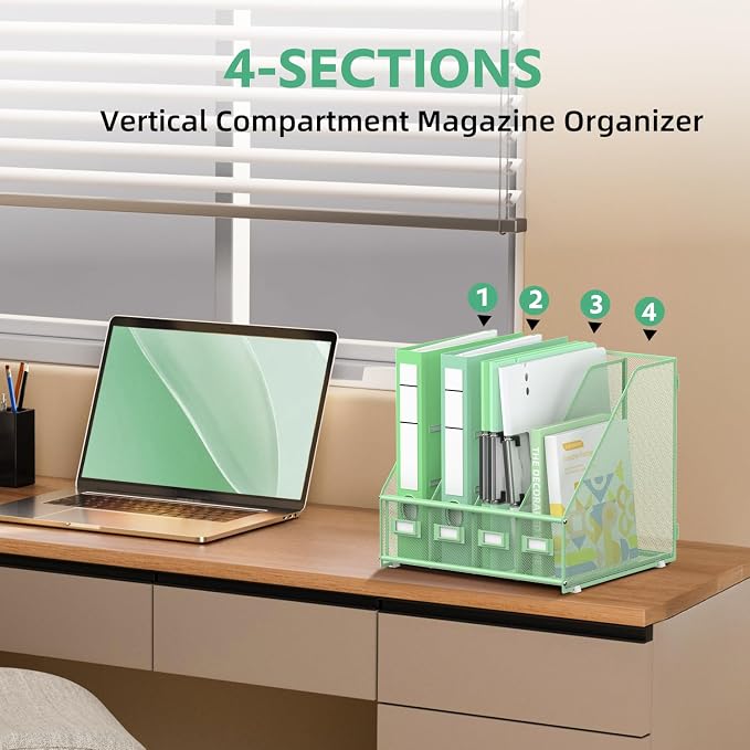 4 Vertical Compartments Magazine File Holder, Binder Organizer, Mint Green | Space-Saving Desktop Storage, Built-In Label Holders, Anti-Slip Feet, Sized for Binders, Folders, Magazines and Files