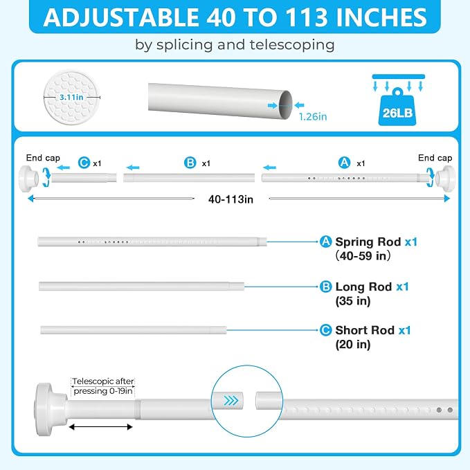 MEXAU White Shower Curtain Rod 40-113 Inch Adjustable 1.26 Inch Diameter Tension Curtain Rod No Drill, Tension Rod for Window, Bedroom, Bathroom, Outdoor, Room Divider