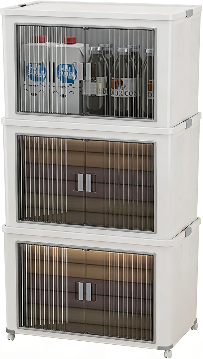 Folding Storage Bins with Lids, 3-Pack Top & Front Opening Stackable Organizer, Total 210qt, for Bedroom Living Room Kitchen Office Bathroom, White, 22"x13.6"x13.8" Each