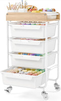 Rolling Craft Storage Cart with 4 Drawers,Utility Cart with Drawers,Art Craft Organizers and Storage,Kids Craft Cart,Kids Art Cart With DIY Lable and Wooden Tabletop Area,White