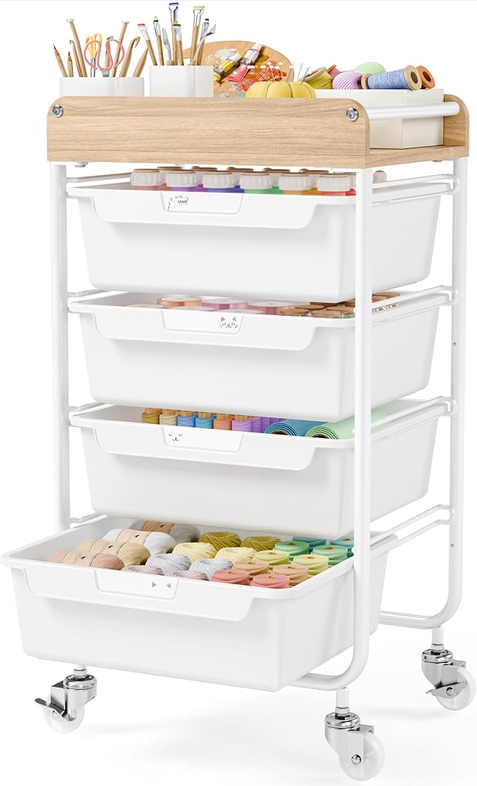 Rolling Craft Storage Cart with 4 Drawers,Utility Cart with Drawers,Art Craft Organizers and Storage,Kids Craft Cart,Kids Art Cart With DIY Lable and Wooden Tabletop Area,White