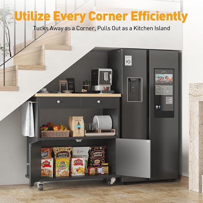 Rolling Kitchen Island with Folding Drop Leaf Breakfast Bar, 35.4'' W Kitchen Cart with Storage Cabinet and 2 Drawers, Portable Mobile Kitchen Island Table with Towel Rack, Lockable Wheels, Black