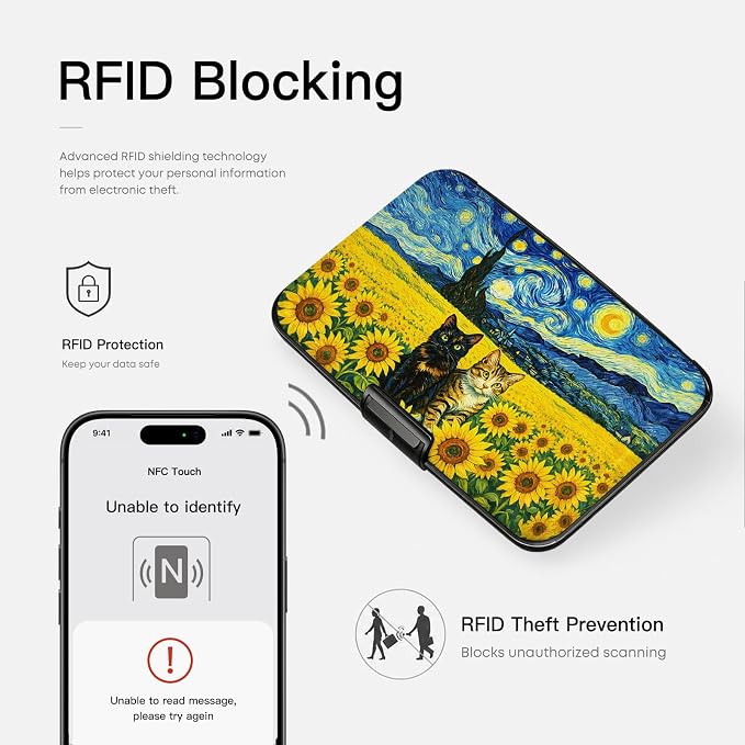 Credit Card Holder RFID Aluminum card case Cat Flowers mini Wallet Women | ABS Business ID Case,Hard Case Large Capacity 6 Slots, Waterproof Durable ，Secure Closure Slim Small Credit Card Protector