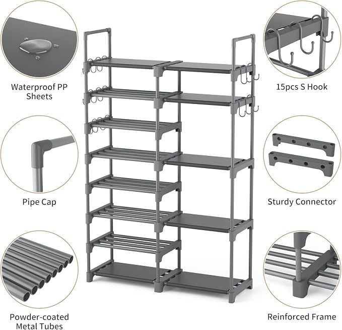 ROJASOP Shoe Rack, Shoe Storage Organizer for Closet Entryway Garage Bedroom, 8 Tier Tall Metal Shoe Shelf for 26-32 Pairs Boots & Shoes, Adjustable Shoe Stand for Small Space