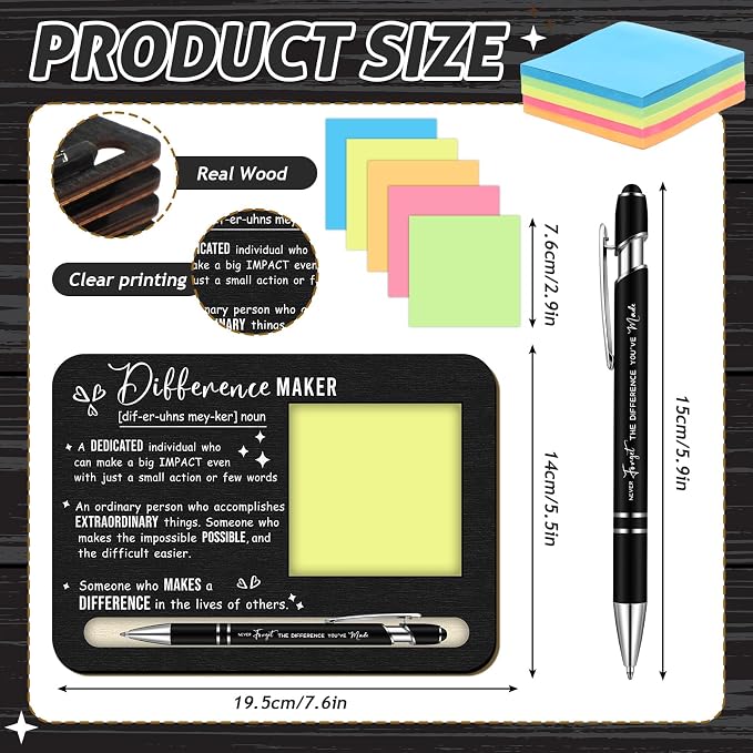 Kosiz 10 Set Difference Maker Appreciation Gifts Bulk for Employee Coworkers Wooden Sticky Note Holder Set Thank You Appreciation Gifts for Team Staff Teachers Boss Nurse, Black