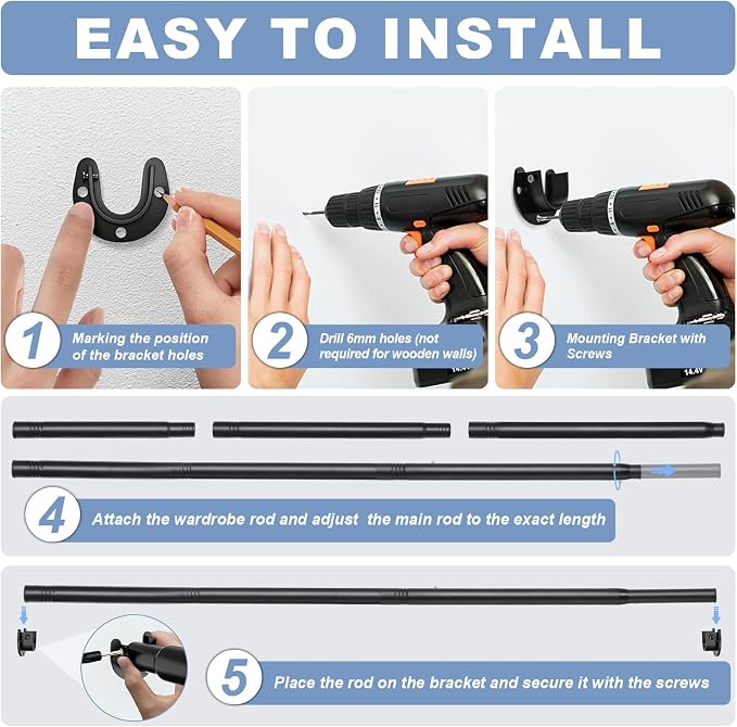 Closet Rods For Hanging Clothes,17-84 Inches Stepless Spring Adjustable Closet Rod With bracket U-shaped,1.3 Inches Heavy Duty Closet Hanging Rod For Wardrobe,Laundry room,Bathroom And Windows