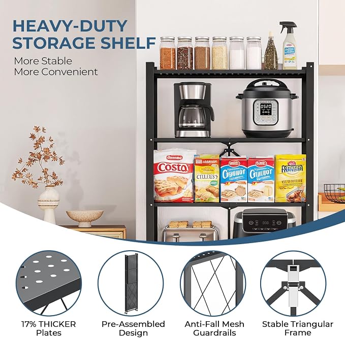 Upgraded 18% Thickened Portable 5-Tier Foldable Storage Shelves with Wheels Heavy Duty Storage Shelf Collapsible Shelves Unit Display for Garage Storage Kitchen Pantry & Closet Organizer, Matte Black