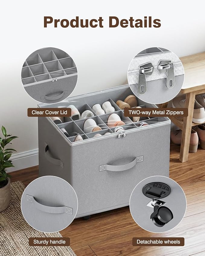 HOUSE AGAIN Shoe Organizer for Closet, Shoe Storage Organizer with Wheels, Foldable Shoe Storage Box with Adjustable Dividers and Clear Cover, Reinforced Handles, Fits up to 16 Pairs, Gray