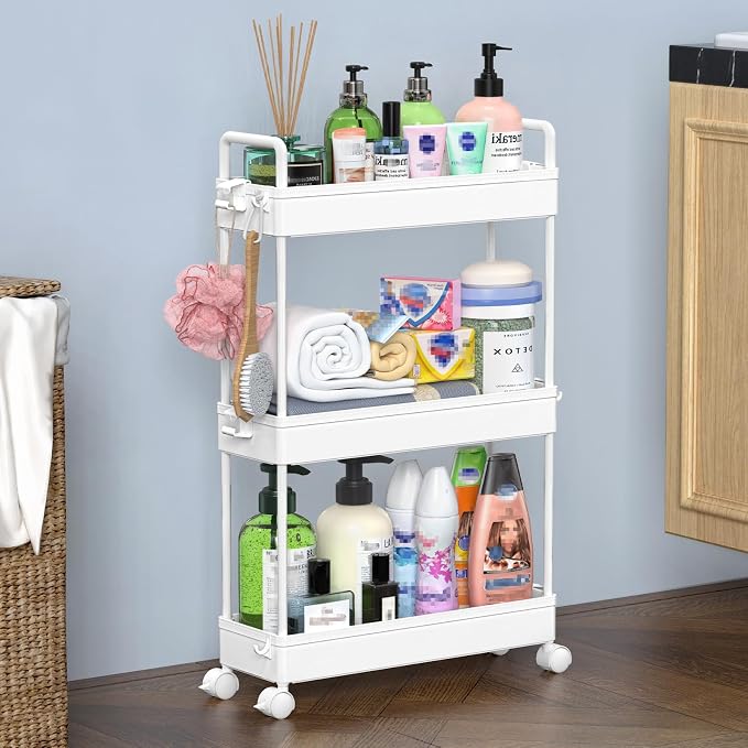 SOLEJAZZ Slim Rolling Storage Cart Skinny Bathroom Organizer, 3 Tier, White | Thin utility cart with wheels for bathroom, laundry room, bedside, kitchen, dorm, office, next to fridge, small narrow places