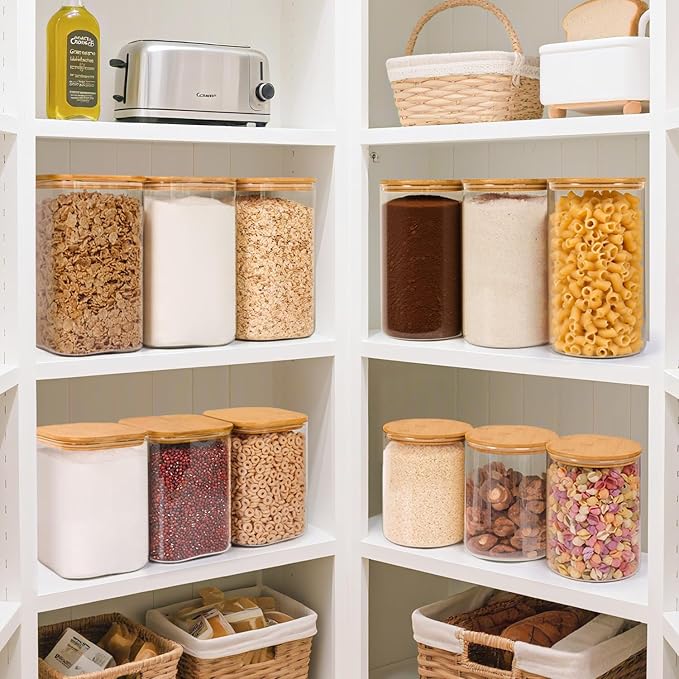 ComSaf Glass Storage Jars with Bamboo Lids 3.6 Qt 2 Pack Large Wide Mouth | Pantry Organization, Flour Sugar Coffee Beans, Pasta Cereal Dry Food, Big Capacity, Cabinet Organization, Dry Food Storage