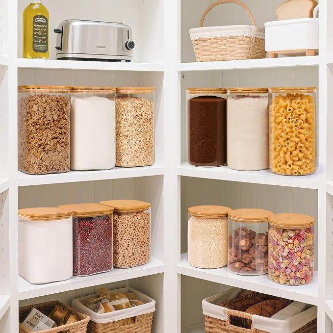ComSaf Glass Storage Jars with Bamboo Lids 1.8 Qt 2 Pack Large Round | Flour Sugar Coffee Beans, Pasta Cereal Dry Food, Large Capacity, Kitchen Storage, Cabinet Organization,Clips included