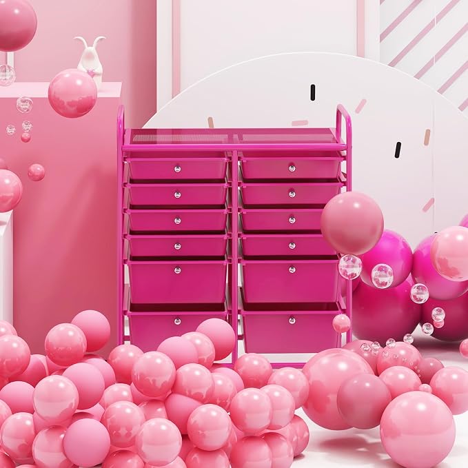 DREAMADE Rolling Cart with Storage Drawers, Utility Cart with Removable Plastic Drawers, Lockable Wheels, Art Cart for Classroom Organization Art Supplies Office Scrapbook (12 Drawers, Hot Pink)