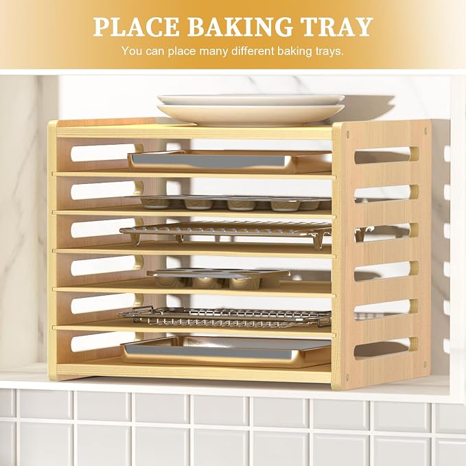 7 Tier Large Size Wooden Tray Dividers for Cabinets, Cookie Baking Sheet Organizer for Cabinet, Vertical Tray Dividers for Storing pans, Baking trays, Cutting Board