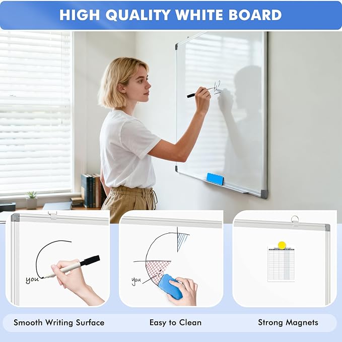 WALGLASS Large Whiteboard, 48" x 36" Double-Sided Large Dry Erase White Board for Wall, Hanging Whiteboard with Silver Aluminium Frame for Home, School, Office, Kitchen