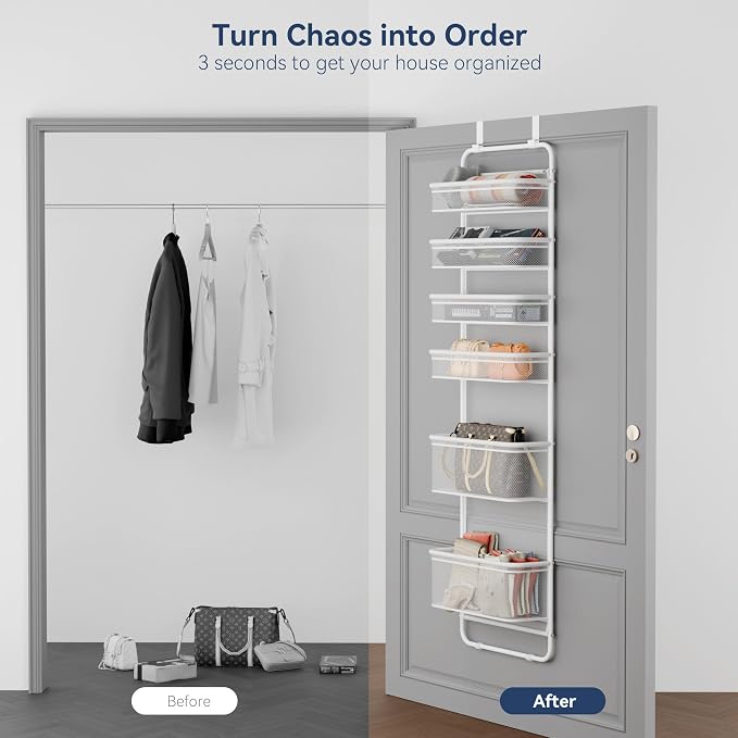 Whitmor Over The Door Organizer Storage, 6 Tier Hanging Door Organizer with Metal Frame & Mesh Baskets, Heavy Duty Behind Door Storage for Pantry, Bathroom, Closet, 17.7"W x 7.9"D x 67"H, White