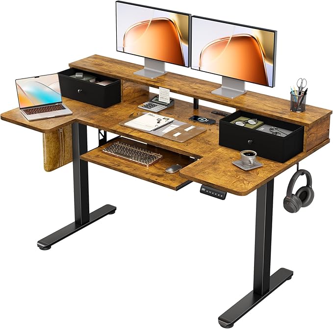 OffiGo 55 Inch U Shape Standing Desk, Keyboard Tray & Drawers, Rustic Brown | 3 Outlets & 2 USB Ports, Dual-Monitor Stand, 10 Colors & 10 LED Modes, 3 Presets, 28.3"-46.5"in Range, 154 lb Capacity