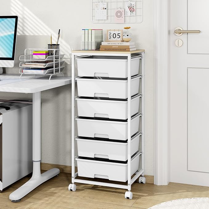 6 Drawer Rolling Storage Cart with Wooden Top and Wheels for Crafts,White | Easy Setup, Large Capacity, Sturdy Build, Lockable Mobility, For office, classroom and art studio supplies
