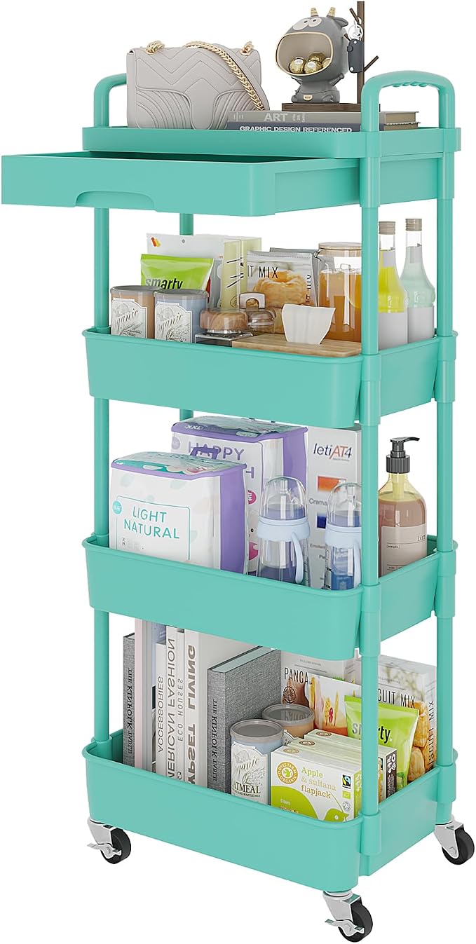 Calmootey 4-Tier Rolling Utility Cart with Drawer,Multifunctional Storage Organizer with Plastic Shelf & Metal Wheel,Storage Cart for Kitchen,Bathroom,Living Room,Office,Green | Space-Saving Organizer, Sturdy Plastic Shelves, Smooth-Rolling Metal Wheel...