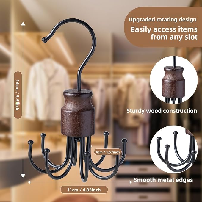 Multi-Purpose Swivel Hook, 8 Prong Design, Wood and Metal for Neckties, Belts, Bands, Bags, Keys Organization (1)