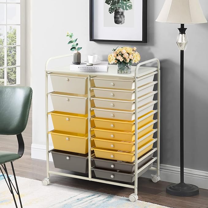 DREAMADE Rolling Cart with 15 Drawers, Lockable Wheels, Removable & 2-Sized Storage, Art Cart for School, Home, Crafts, Scrapbook (Yellow)