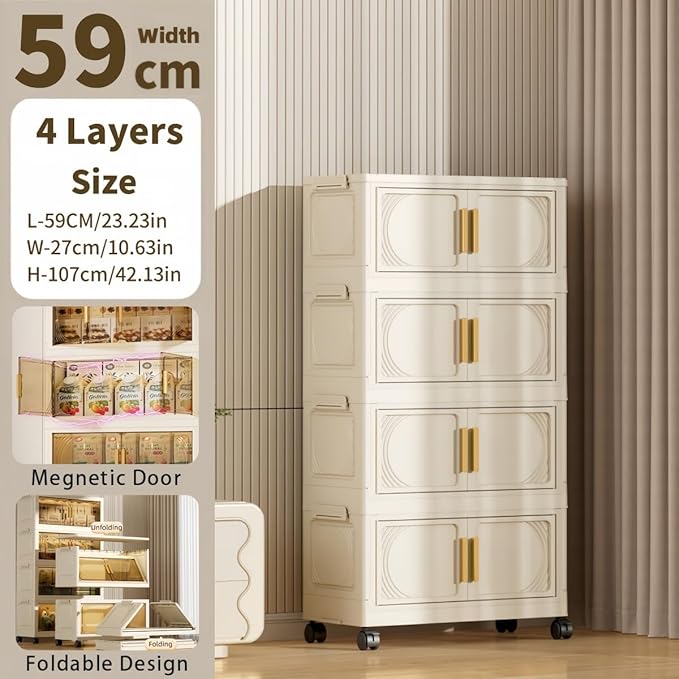 4-Tier Stackable Storage Bins with Wheels & Magnetic Doors, Foldable Collapsible Organizer Cabinet with Lids, 40 QT Arc-Design Storage Boxes for Bedroom, Kitchen, Office, Dorm