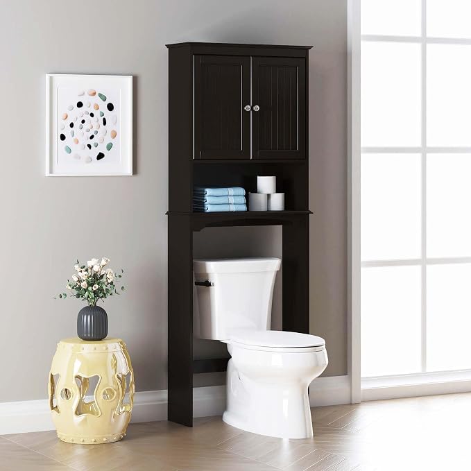 Spirich Over Toilet Storage Cabinet with Doors, Espresso Bathroom Organizer | FSC-Certified MDF, Raised Panel Doors, Adjustable & Open Shelves, Anti-Tip Mount, Fits Behind & Above Standard Toilets