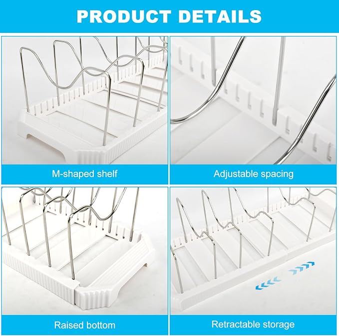 A Pots and Pans Organizer Rack for Under Cabinet, Expandable 12.99''-22.05'' Pot Lid Holder with 7 Adjustable Dividers, Space-Saving Storage for Renters, Small Homes&Cooks (White)
