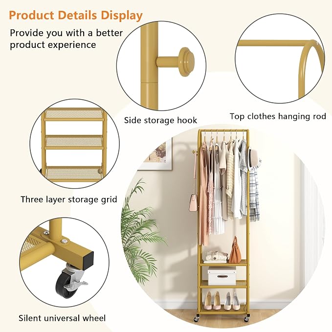 Kaitiemoo Heavy Duty Clothing Rack With Wheels,Modern Garment Rack With 3 Metal Shelves, 71.8Inches Display Rack For Hanging Clothes, Hanging Rod For Small Space,Gold