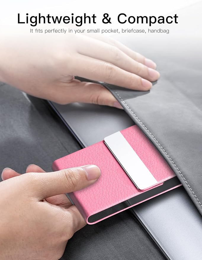 Padike Professional Business Card Holder PU Leather Business Card Case Name Card Holder Slim Metal Pocket Card Holder with Magnetic Shut (Pink)
