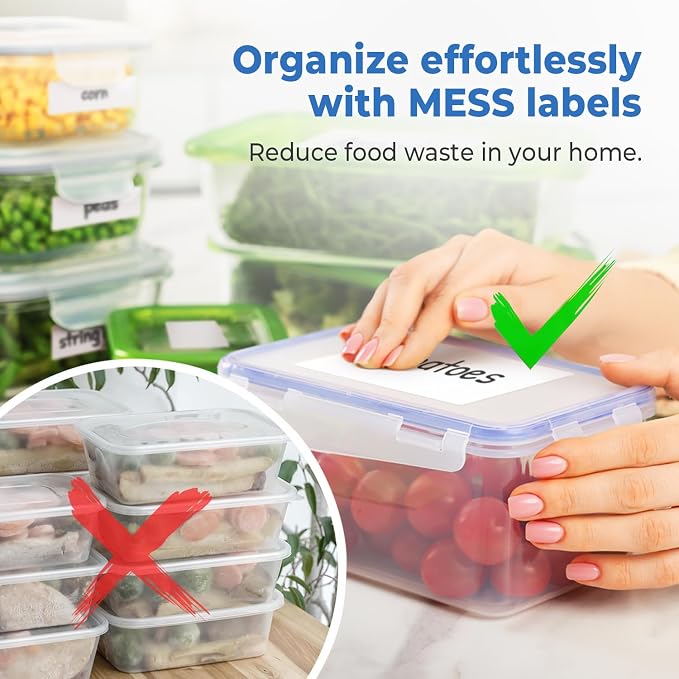 MESS Removable Food Labels for Containers (48-Pack) 3x4 Erasable Kitchen Labels for Organizing, Freezer & Fridge, White Dry Erase Labels for Jars