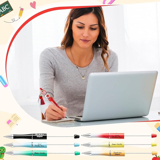CNhoqc Teacher Appreciation Ballpoint Pens - 12-Set Teacher Appreciation Week Retractable Beadable Ballpoint Pen Wooden Bead Tassel Resealable Foil Pouch Bag Office School Writing Supplies Party Favor
