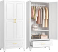 Polup Metal Wardrobe Closet with Doors and Shelves, 71" Tall Steel Armoire with Hanging Rod & Storage Drawer, Sturdy Freestanding Clothes Organizer for Bedroom, Office, Laundry Room, White
