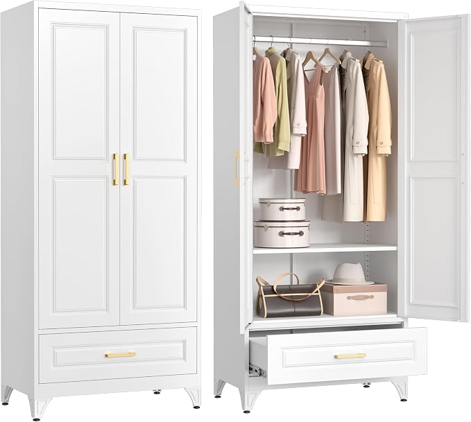 Polup Metal Wardrobe Closet with Doors and Shelves, 71" Tall Steel Armoire with Hanging Rod & Storage Drawer, Sturdy Freestanding Clothes Organizer for Bedroom, Office, Laundry Room, White