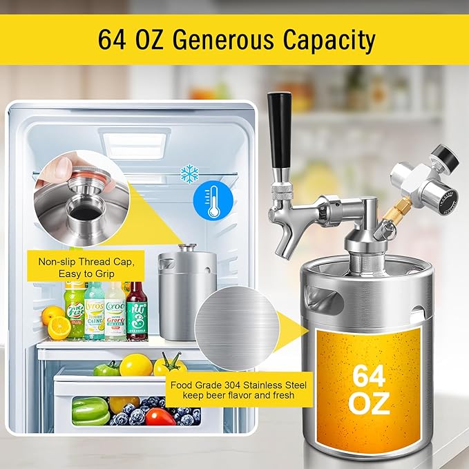 64OZ Mini Keg Growler Tap System, Pressurized Stainless Steel Beer Keg, Beer Dispenser System with CO2 Regulator & Self-Closing Faucet, Portable Beer Growler to Keep Fresh for Homebrew