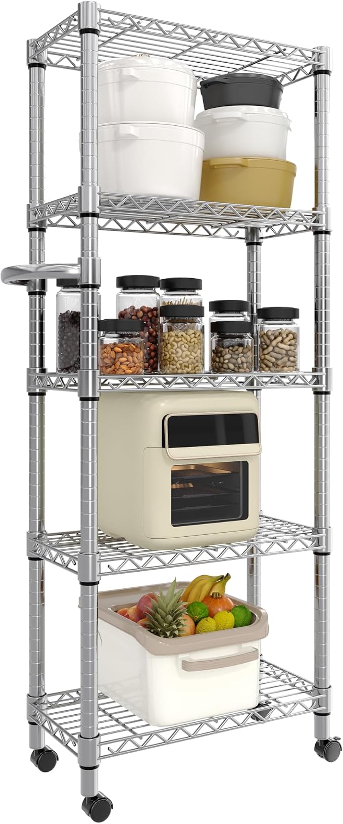 GarveeHome 5-Tier Heavy Duty Storage Shelves 1100 LBS Metal Wire Rack Shelving with Lockable Wheels, 61" H Rolling Storage Rack for Kitchen Garage Bedroom