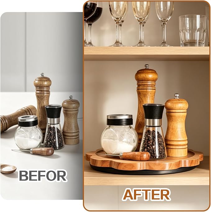 WLWNWFT Lazy Susan Turntable Organizer 10in, Acacia Wood Flower Shape Rotating Tray Cabinet Pantry Kitchen Countertop Refrigerator Cupboard Condiment Storage, Spice Rack, Pantry Organiser