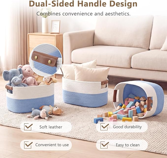 ECDYQXVU 15x10x9 Woven Cotton Rope Storage Basket, Leather Handles 3 Pack | Foldable Design, Sturdy PU Handles, Easy to Clean Organizer for Living Room, Closet, Shelves, Bedroom, Laundry, Clothes