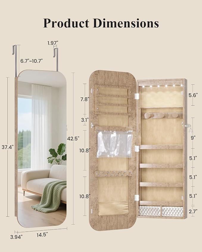 LVSOMT 6 LEDs Mirror Jewelry Cabinet Door Hanging, 42.5", Lockable, Brown | Jewelry Organizer with Full Length Mirror, Wall Mounted Large Jewelry Storage for Earrings, Rings, Necklaces