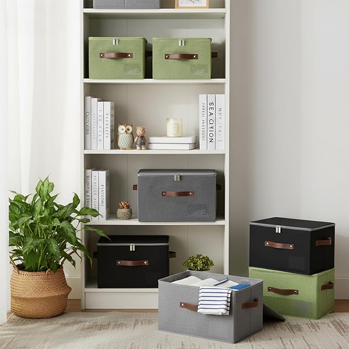 ANMINY Fabric Storage Box Bins with Zipper Lid, Washable Black | Cotton Linen Fabric, PP Board Frame, Label Holder, Stackable & Foldable, PU Handles, Dual-Zipper 3-Side Open Lid, Medium