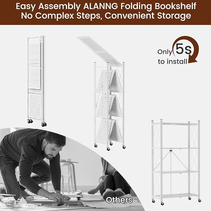 ALANNG 4 Tier Folding Storage Shelf on Wheels,Heavy Duty Metal Rolling Cart | 264 lbs Capacity, No Tools Assembly, Folds to 3.9", Lockable Casters, Portable for Kitchen Laundry Garage