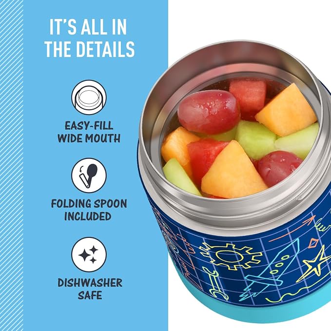 THERMOS FUNTAINER Insulated Food Jar, 10 Ounce, Kid Friendly Food Jar with Foldable Spoon, Robot Doodles