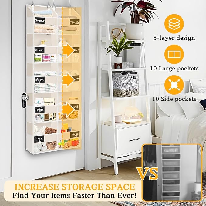 Ofiray-home Over the Door Organizer, 5-Tier Extra Large Storage with 10 Pockets and PVC Label Pouches, 80 lbs Capacity Hanging Closet Organizer, Beige