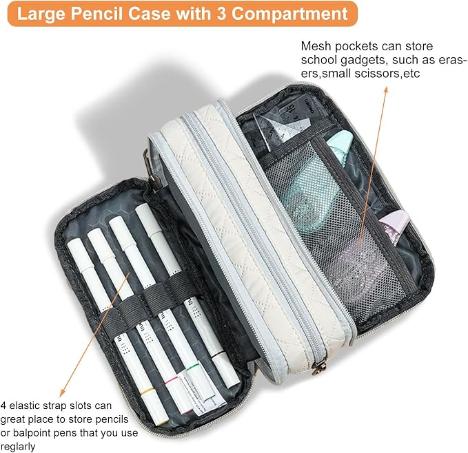 Della Gao Large Pencil Case, Big Capacity Pencil Pouch with 3 Compartments, Office Pencil Bag with Zipper, Big Pen Case for Adults (01-3Beige)